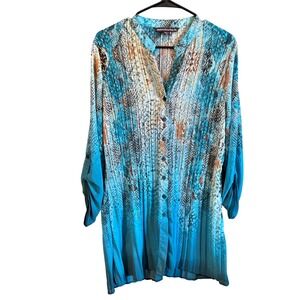 Mushkaby XL Tunic‎ Top Duster sheer Snakeskin Print Button Up Roll Tab Sleeve